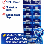 Jilet Blue 3 Plus Comfort Tıraş Bıçağı 10 Adet – 3 Bıçaklı Ergonomik Saplı Erkek Tıraş Bıçağı Seti