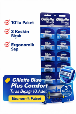 Jilet Blue 3 Plus Comfort Tıraş Bıçağı 10 Adet – 3 Bıçaklı Ergonomik Saplı Erkek Tıraş Bıçağı Seti