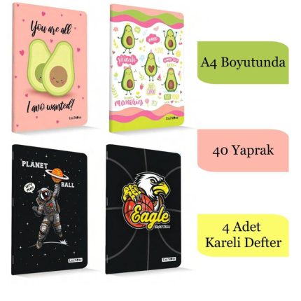 Çınar Çınar Uninote A4 40 Yaprak Karton Kapak Dikişli Defter Kareli 4 Adet